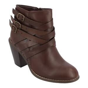 Journee Women's Strap Buckled Round Toe Stacked Heel Dress Booties Brown Size 9